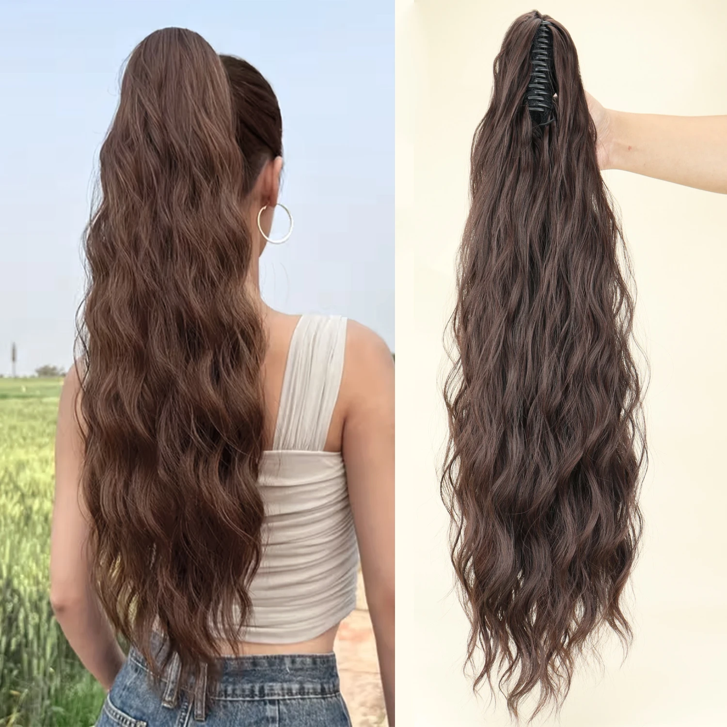 Synthetischer 26-Zoll-Wasserwellen-Haarclip, Pferdeschwanz, Schwarz, Blond, hitzebeständig, flauschiger, unordentlicher Pferdeschwanz, Haarverlängerungen für Frauen – Detail 1