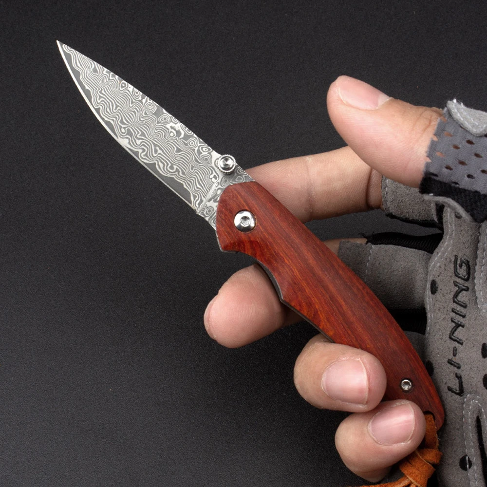 Wood Handle Damascus Pocket Knife For Men Outdoor Folding Tactical Hunting Knives Foldable Sharp Survival Travel Camping Knifes