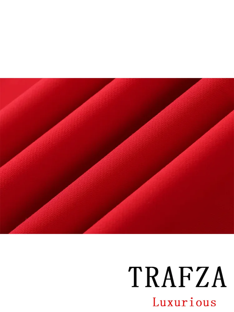 TRAFZA Vintage Office Lady Chic Red Women Suit Double Breasted Vest Straight Zipper Loose Pants New Fashion 2024 Summer Sets