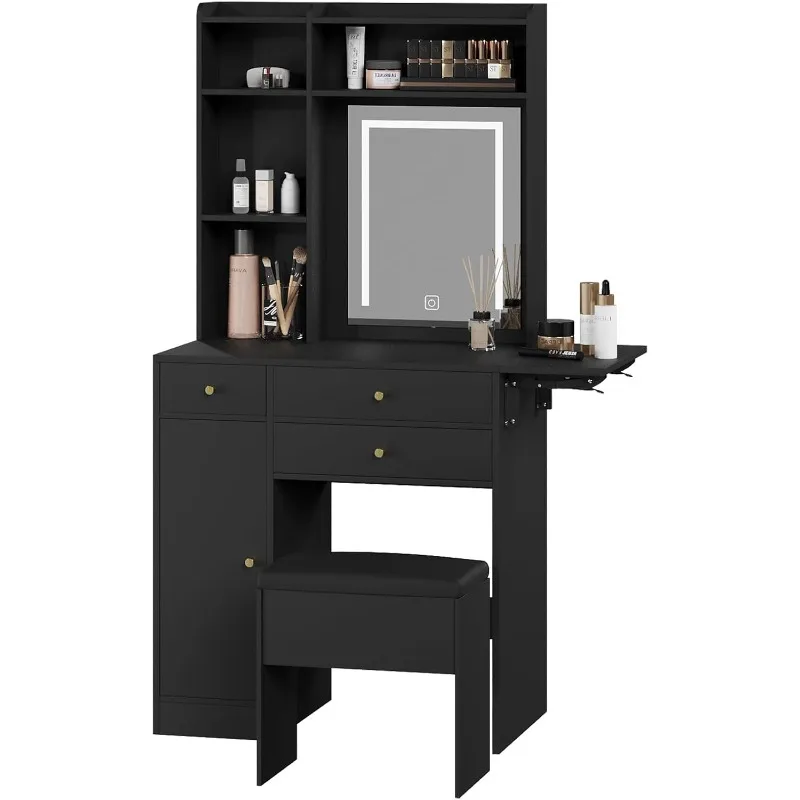 Vanity Desk with Mirror and Lights Black Vanity Set with Storage Chair Dressing Table with Drawer Makeup Desk with Fold-up