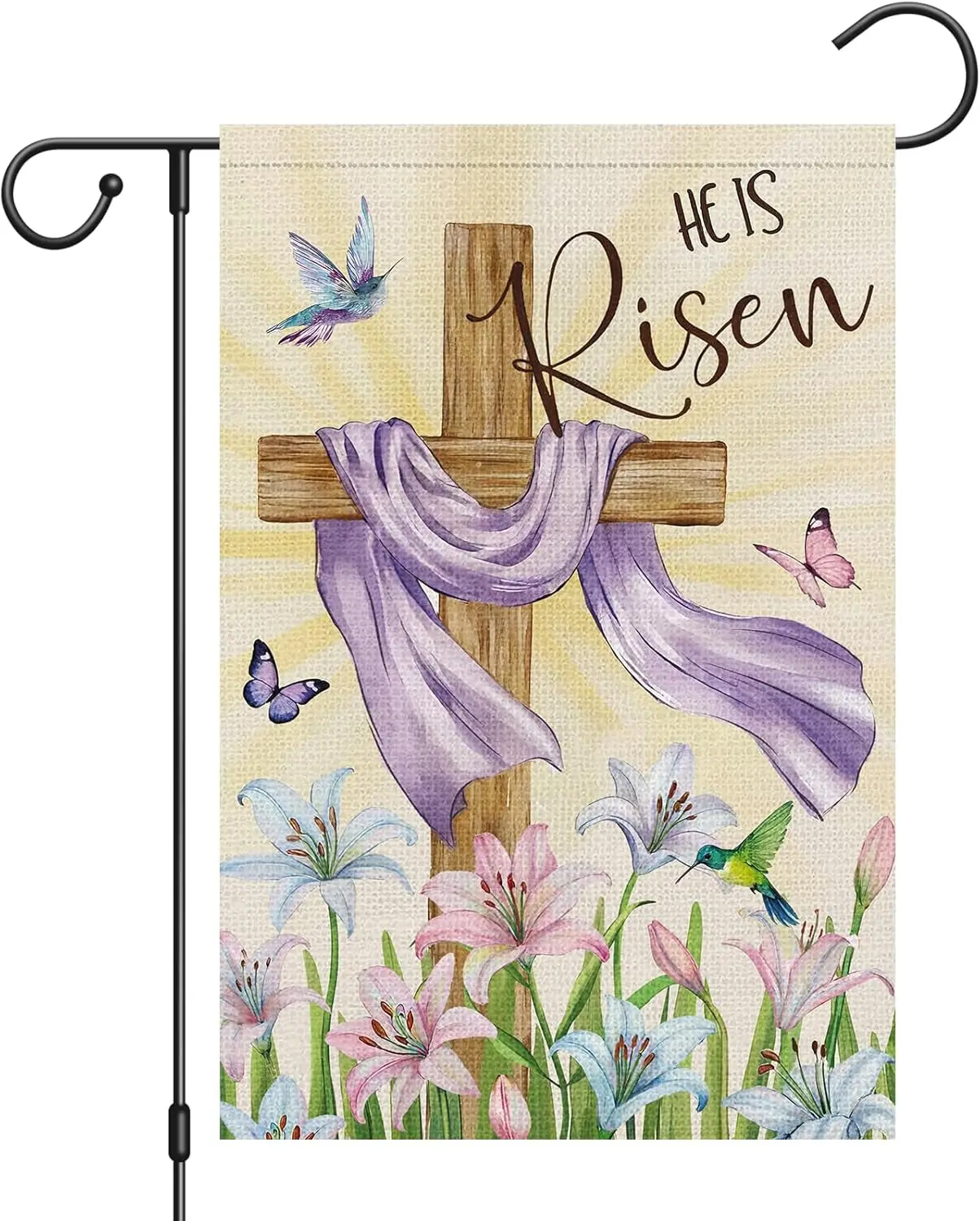 Heyfibro He is Risen Easter Wooden Cross Garden Flag 12x18 Double Sided Burlap, Lily Flower Hummingbird Butterfly Yard Banne IIC