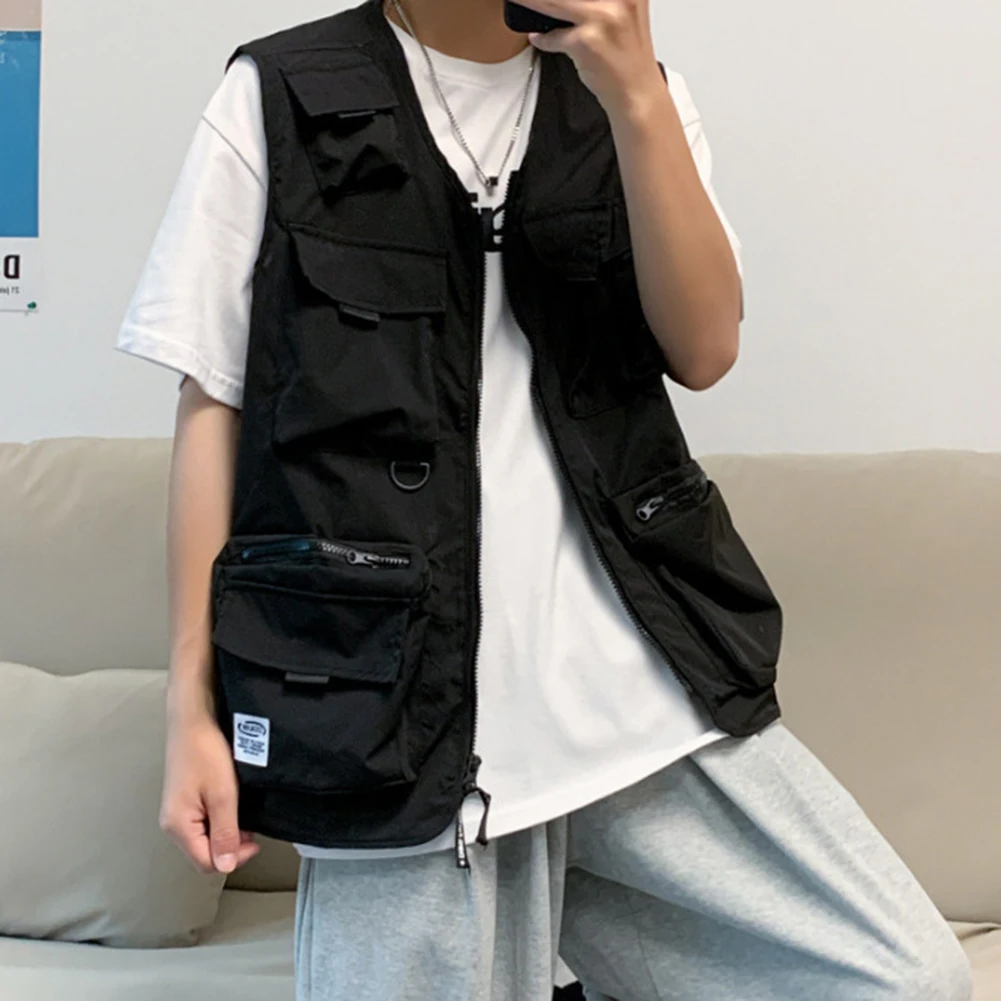 

Beach Holiday Green Men Cargo Vest Multi-pocket Sleeveless Vest Loose Fit Waistcoat Good For Vacation Polyester Fabric