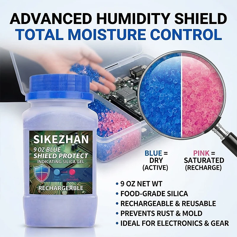 Blue Indicating Silica Gel Desiccant Beads 9oz Rechargeable Moisture Absorber for Electronics Camera Storage SIKEZHAN