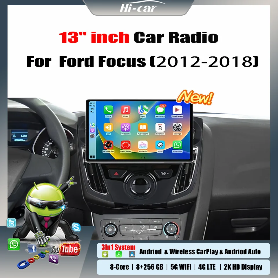 Radio de coche de 2 Din y 13 pulgadas para Ford Focus 2012-2018 DSP RDS 4G LTE + WIFI GPS inalámbrico Carplay y Android Auto Multimedia estéreo