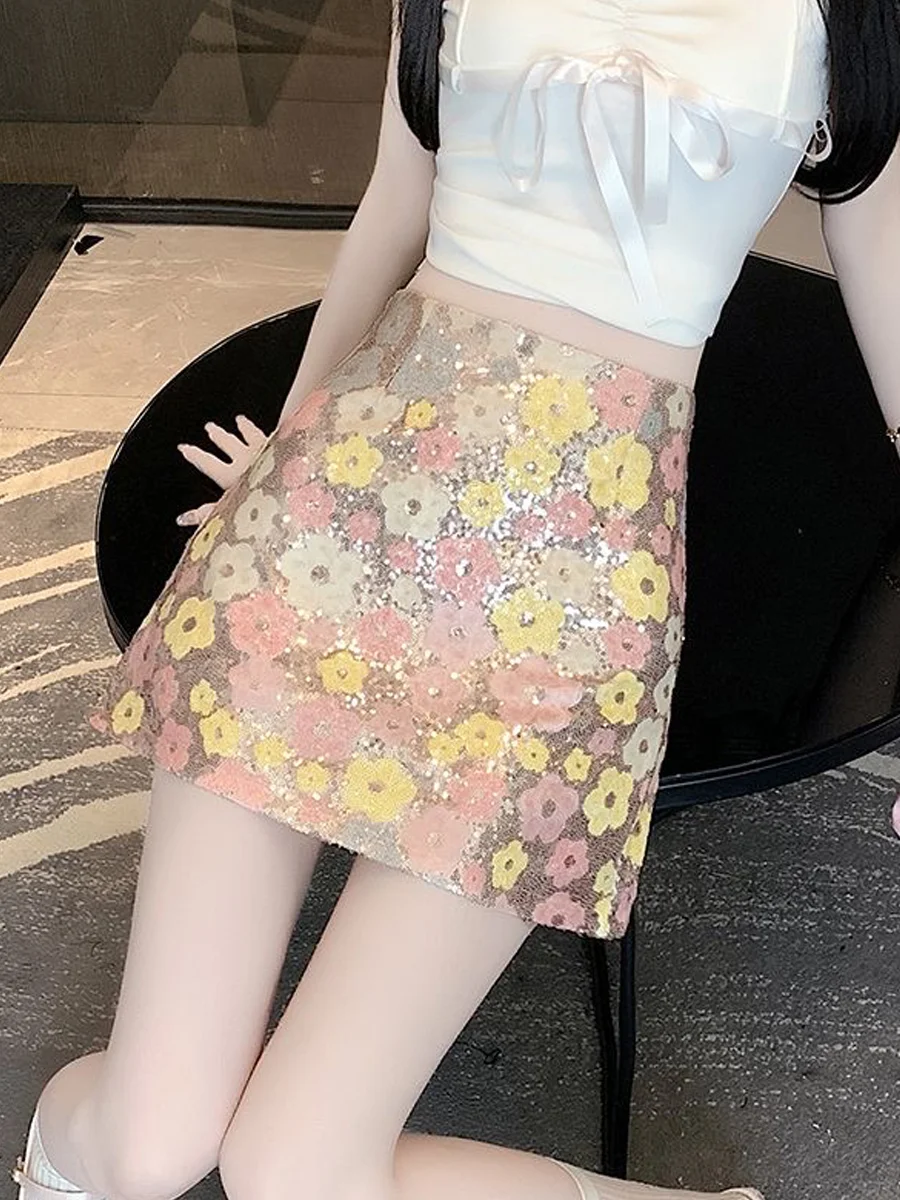 Sparkling Heavy Embellished Floral Half Skirt Women's High Waist A-Line Short Skirt Fashionable Trendy Commute Korean Style