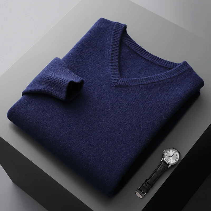 100% merino wool men\'s V-neck double thick solid color pullover sweater knitted bottoming shirt in autumn and winter