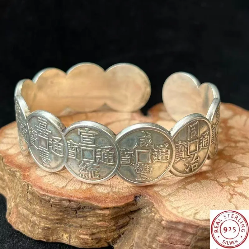 

925 Style Retro Tibetan Silver Alloy Bracelet, Copper Coin Design, Open Bangle, Fashion Versatile Jewelry