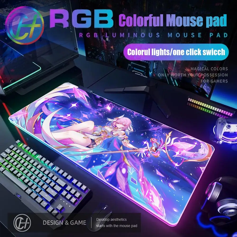 

HYBXAXC Коврик для мыши Cute Girl Elysia Коврик для мыши RGB Игровой коврик для мыши Настольный коврик HD Gamer Большой светодиодный светильник XXL 90X40CM Коврик для мыши