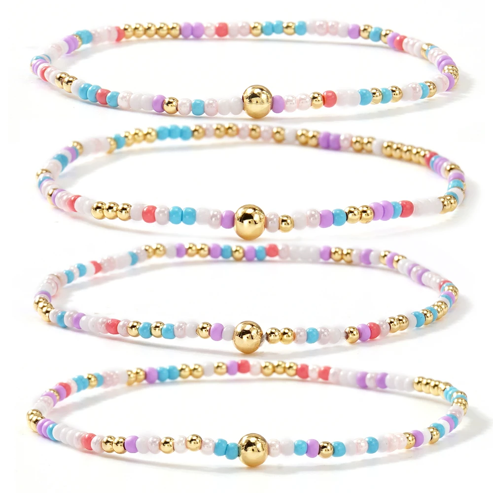 3 قطع من أساور خرز البذور الملونة مع خرز ذهبي، سوار بوهو مطاطي مصنوع يدويًا، مجوهرات صيفية لطيفة للنساء والفتيات