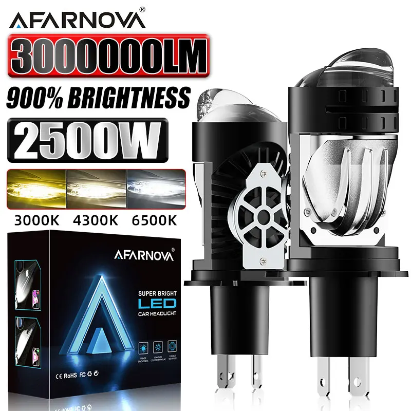 

H4/9003/HB2 Projector Lens Car Headlight Bulbs Super Bright 2500W 30000000LM 3000K 4300K 6500K Car light For Motorcycles/Trucks