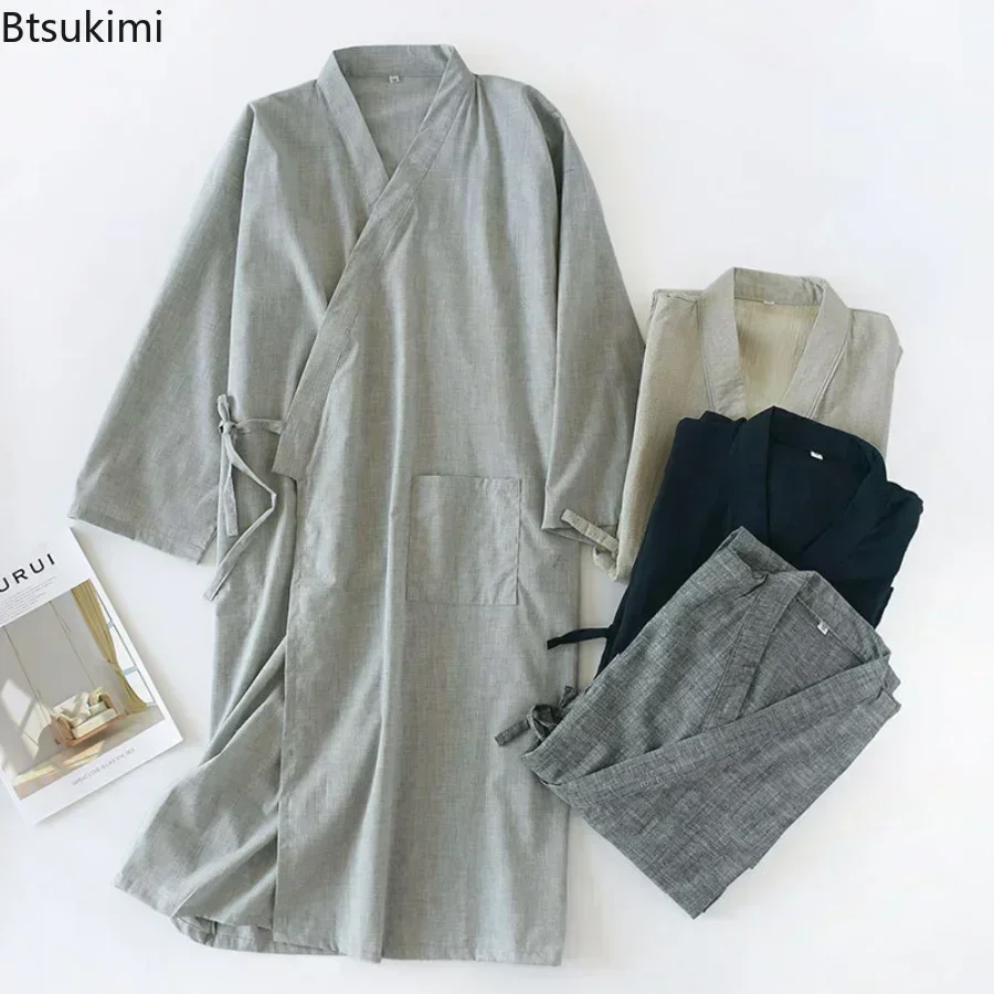 

New 2025 Men's Casual Cotton Line Pajamas Solid Soft Sleepwear Male Bath Robe Japanese Kimono Cotton Nightgown Home Clothes Men