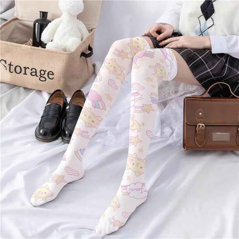 Student Kawaii Lolita Cute Over-the-knee Stockings Female Harajuku Cosplay Japanese Thin Leg Velvet Anime Cat Print Socks