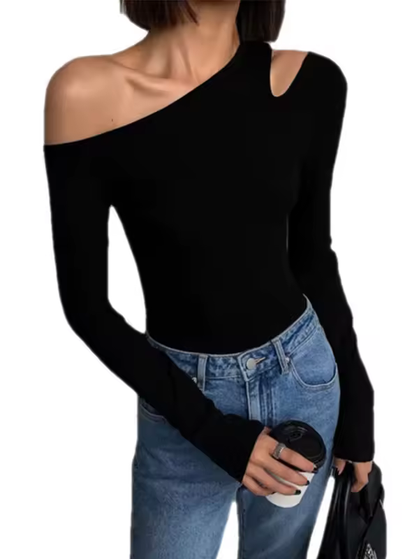 Fashion Skew Collar Off-shoulder Long-sleeved T-shirts Women Spring New Solid Slim Fit Crop Top Sexy Hollow Out Tees Shirts - Image 6