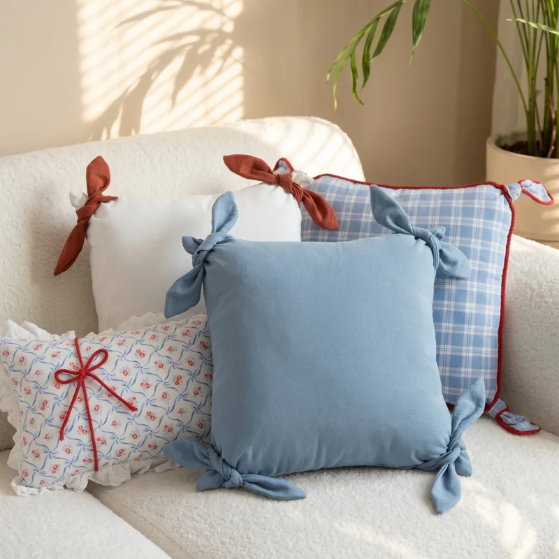 Ins Style Cotton Bow Knot Pillow with Core - Vintage Plaid Flower Sofa Cushion Pad, Soft Home Decoration Gift (30x50cm 45x45cm)