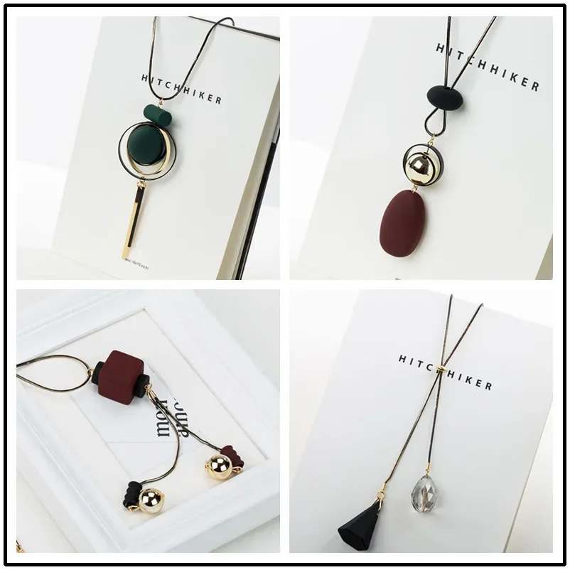 Korean Flowers Geometric Wooden Pendant Women Necklace Long Tassel Sweater Chain Necklaces Female Girl Jewelry Accessories