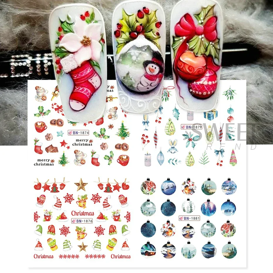 12pcs Merry Christmas Water Nail Sticker Gonk Elk Cookies Snowflake Celebration Ball Sliders Winter New Year Manicure Decor Foil