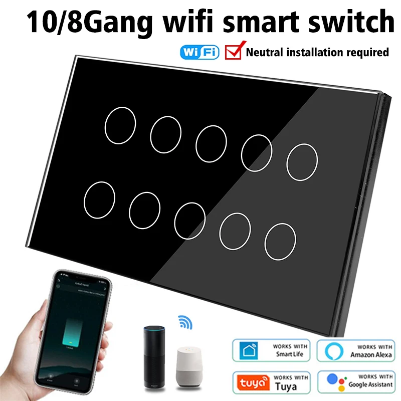 Interruptor de Parede Tuya Wifi Smart Touch Painel de Vidro Aplicativo Tuya Compatível com Alexa Google Home Controle da Casa 10gang