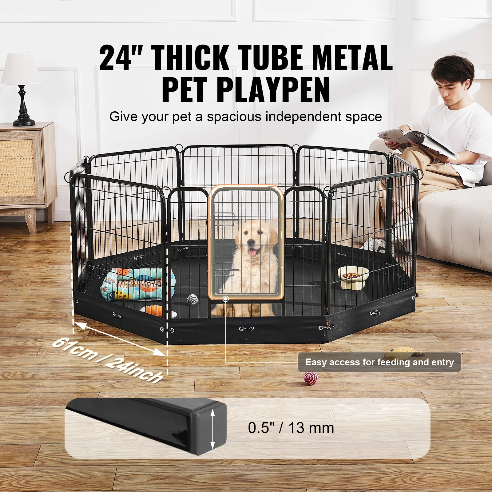 VEVOR Dog Playpen 8 Pcs 24x24in Panels Foldable Metal Pet Exercise Pen Dog Fence Indoor Outdoor Pen with Door for Dogs, Cats