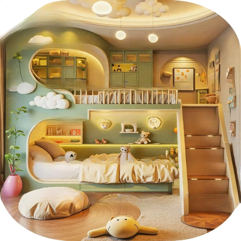 Rumah pohon di hutan, tempat tidur anak-anak, desain seperti harta karun anak laki-laki, bisa digunakan di atas dan di luar tempat tidur, hijau kecil segar dengan rak buku