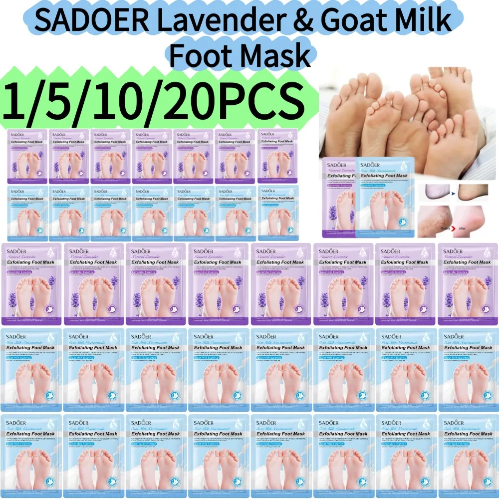 SADOER 1/5/10/20PCS Moisturizing Exfoliating Foot Mask with Lavender & Goat Milk Extract Nourish & Smoothen Foot Skin Effective