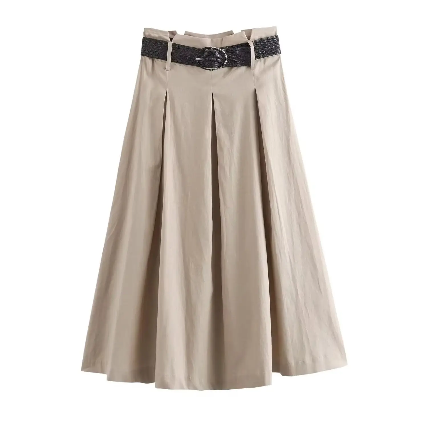 

KONDALA мода 2025 женская летняя повседневная льняная юбка цвета хаки с поясом на молнии трапециевидной формы уличная одежда миди со складками длинные элегантные юбки Mujer