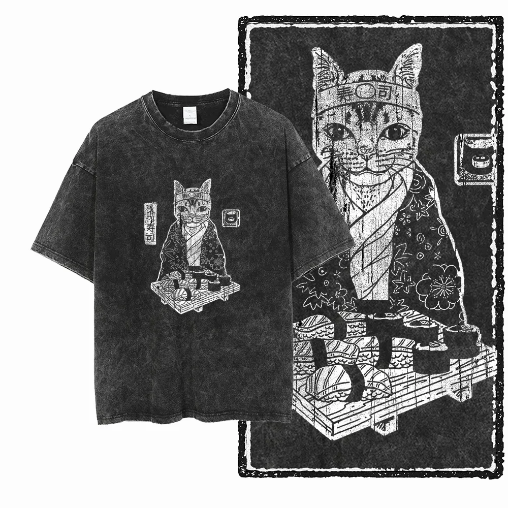 Cotton Acid Washed DB Cat Printed T Shirt Unisex Exclusive Graphic Big Size Streetwear Men Women Casual Short Sleeve Top