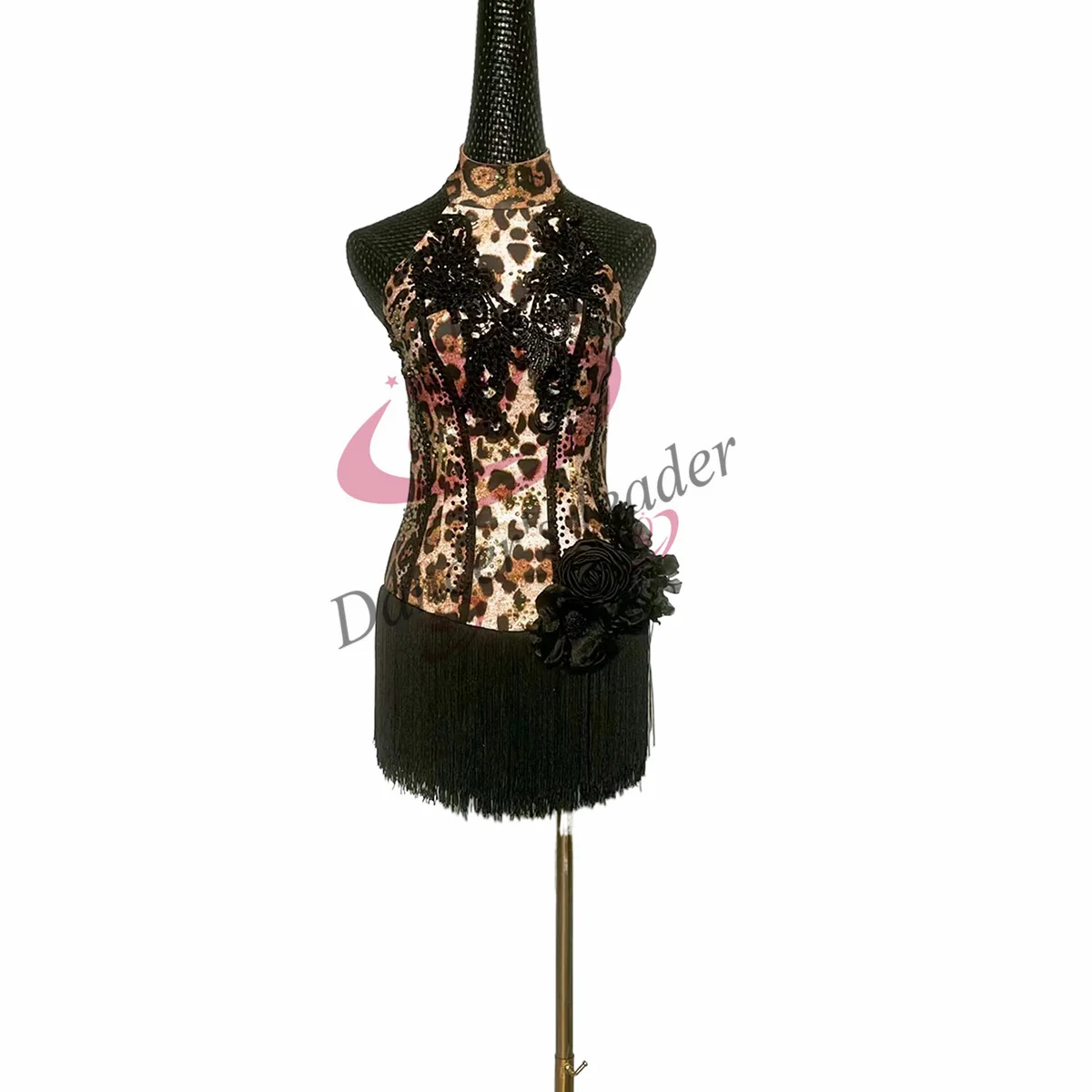 

Latin Dance Dress High-end Custom Leopard Tassel Handmade Flower With Diamond Tango Stage Professional Clothing