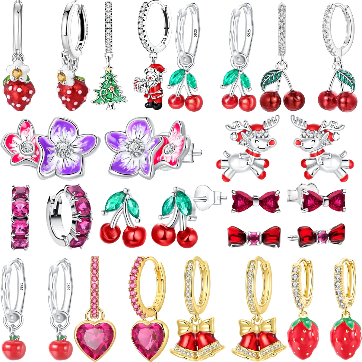 

Luxury 925 Sterling Silver Santa Claus Bell Hoop Earrings Red Heart Bow Fruit Stud Earring For Women Christmas Fine Jewelry Gift