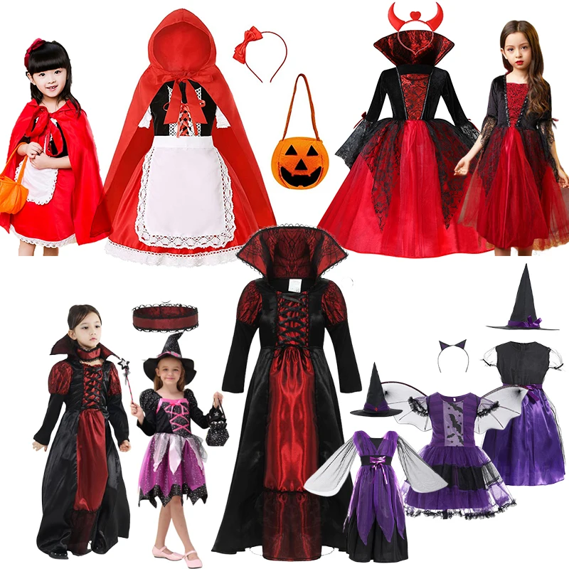 

Girls Halloween Red Witch Costume Children Cosplay Vampire Princess Dress Kids Dress Up Clothes With Hat Carnival Party Gifts
