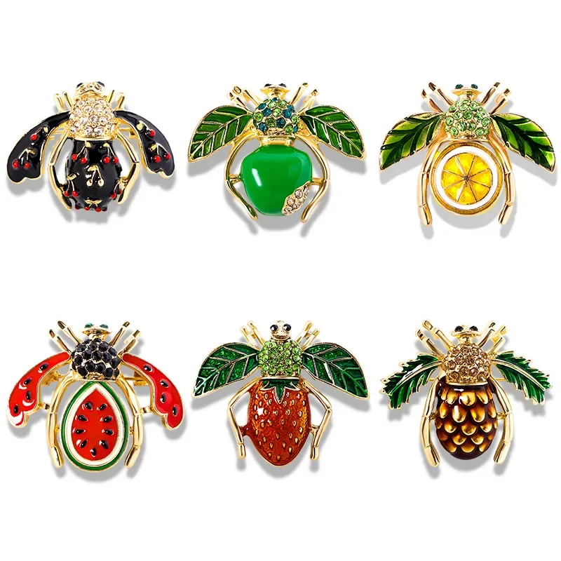 Fruit Enamel Bee Brooch Pin For Women Men Insect Metal Badges Crystal Exquisite Corsage Accessories