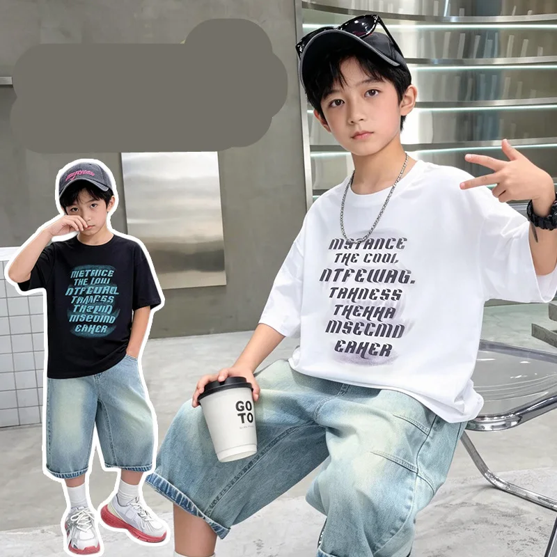 

Kids Fashion Summer Streetwear Suit Top And Bottom Clothing Set for Children Boys Casual Short Sleeve T-shirt + Denim Shorts Set