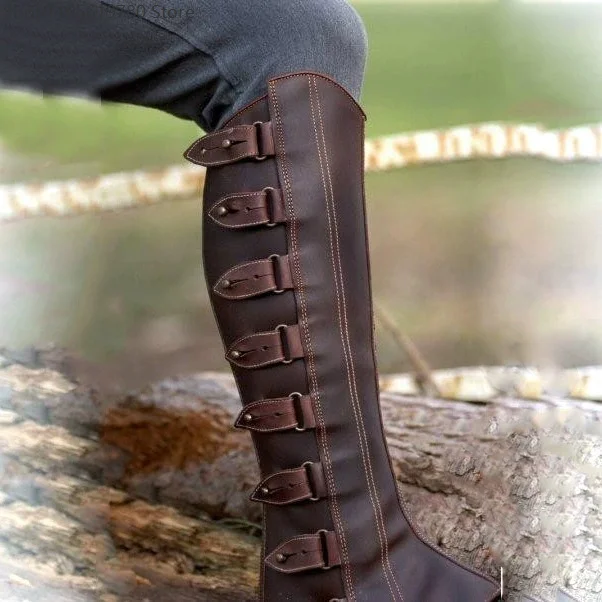 Medieval Adjustable‑Size Tall Shin Guards 2026 New Vintage European‑American Faux‑Leather Multi‑Buckle Leg Wraps Cosplay Prop