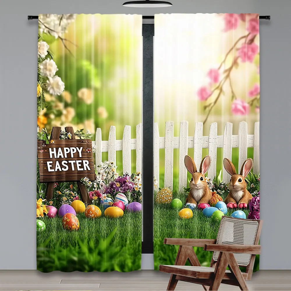 2Pcs Easter Decorations Curtain Easter Rabbit Colorful Eggs Fence For Bedroom And Living Room Decoration Curtains