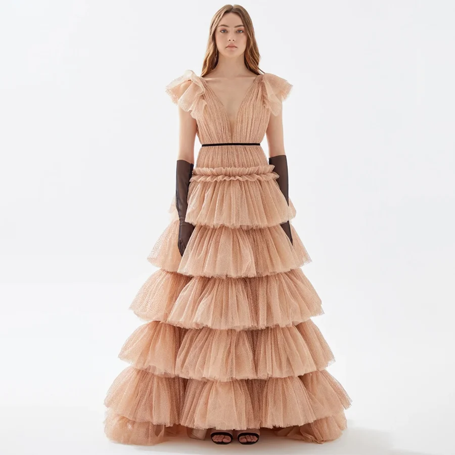 

Глубокий V-образный вырез с рюшами и рукавами, градация, многослойная юбка, вечернее платье с открытой спиной, блестящие платья для выпускного вечера