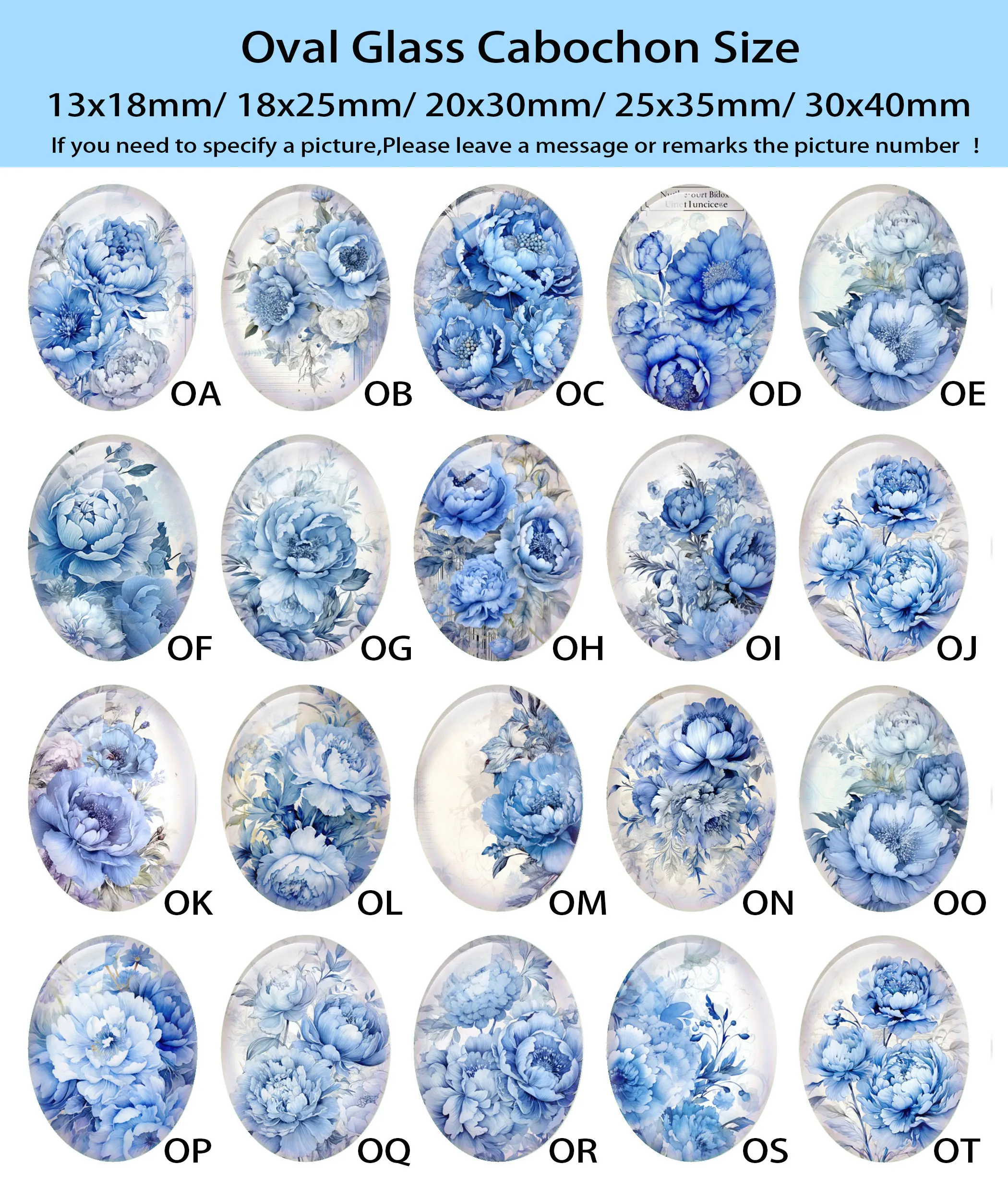 Random Mixed Round/Oval/Square Blue Poeny Flower Photo Glass Cabochon Flatback Demo Cameo For Diy Jewelry Making Handmade view 4