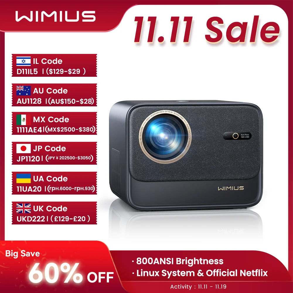 Wimius Projector 4k 30000Lumens Netflix Officially Auto Focus/Keystone FHD 1080p WIFI 6 Bluetooth Support Dolby Home Theater