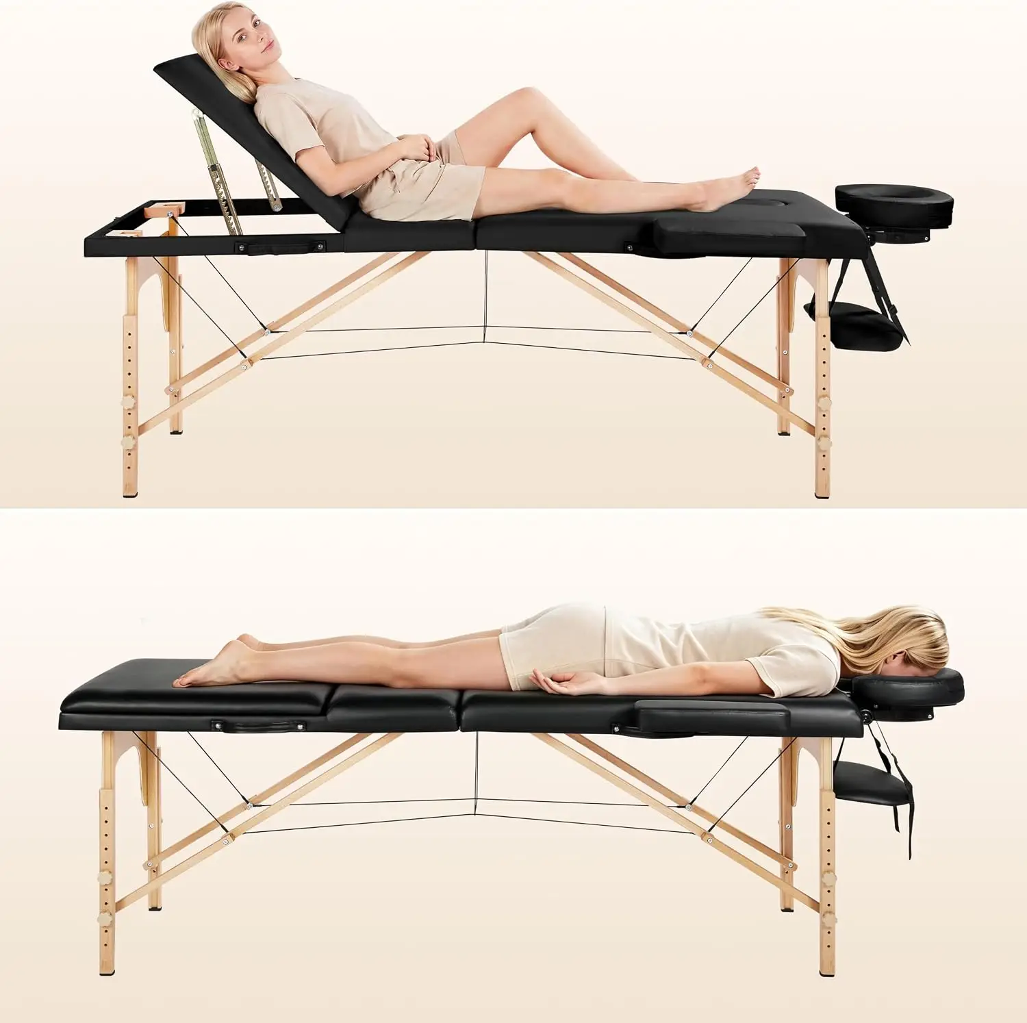 Massage Table Portable Folding Lash Esthetician Tattoo Bed, Black | Heavy-duty beech wood frame, 3-fold foam-padded PVC leather spa bed folds flat, adjusts in height for easy carry and setup