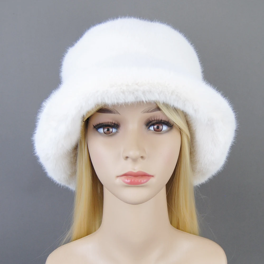 2023 Winter Women's Bucket Hat Oversized Fluffy Wide Brim Soft Thickened Faux Fur Plush Fashion Elegant Thermal Fisherman Cap