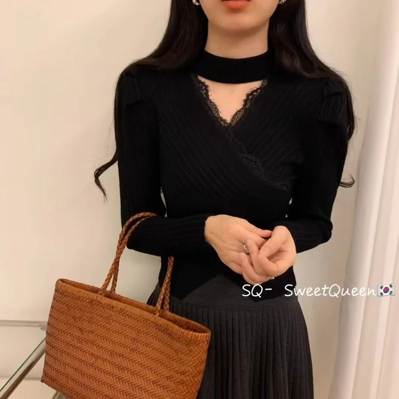 New Autumn Winter Thickened Lace Spliced   neck V-neck Sweater Women Korean Slim Inner Base Shirt
