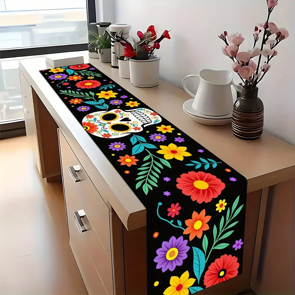 Colorful Flower Sugar Skull Tablecloth, Black Background Rectangular Table Cover, Festive Decor for Party, Wedding, Kitchen