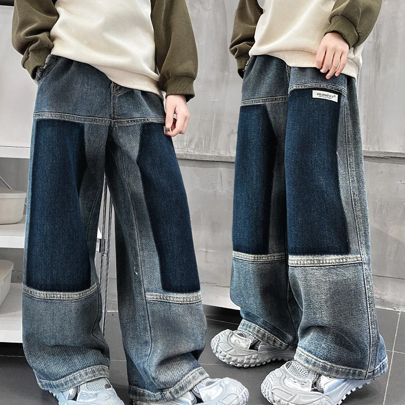 Children New Spring Autumn Straight Leg Patchwork Jeans For Tween Boy Casual High Street Trousers Kids Unique Design Denim Pants