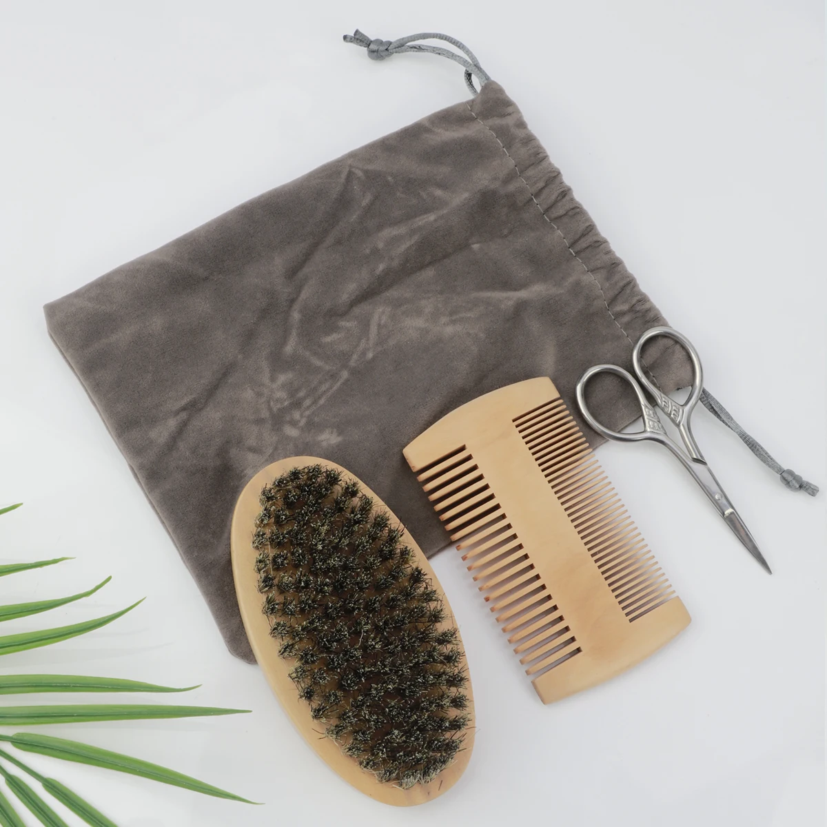 Men's Shaving Brush Set Boar Bristle Portable Barber Natural Beard Brush Comb Scissors for Facial Cleaning Styling Tool - view 2
