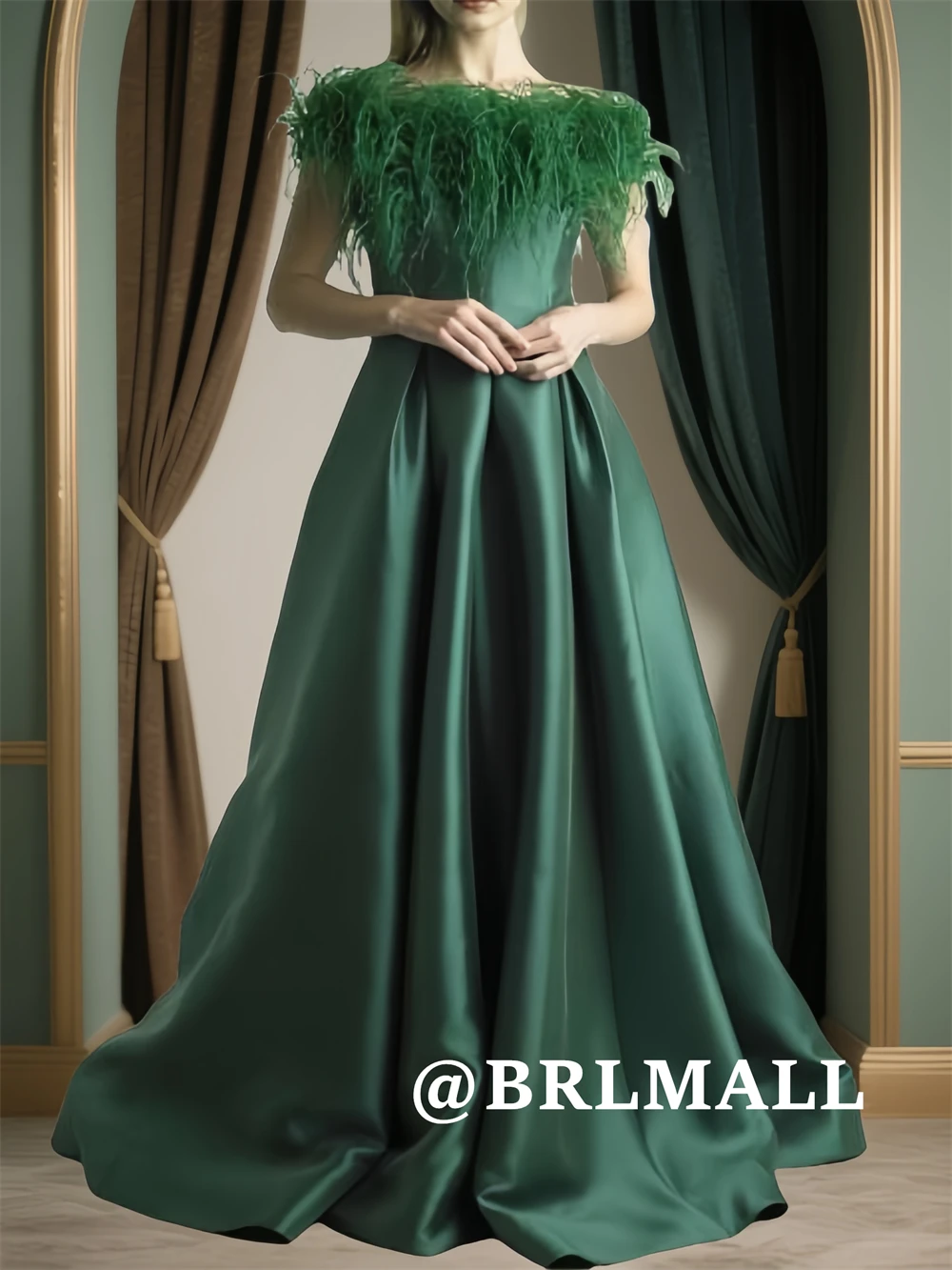 

BRLMALL Elegance Featherd Formal Dress Satin A Line Long Mother of the Bride Party Gowns Wedding Guest Dresses Customized