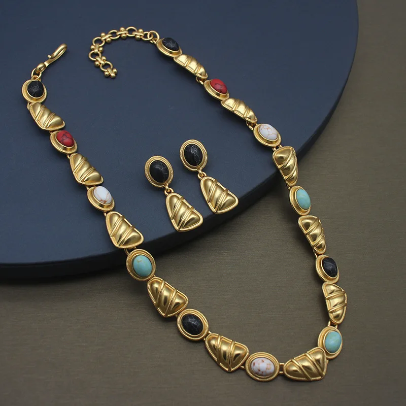 

Vintage-inspired Stone Necklace and Earring Set - Real Gold, Antiqued Finish, Geometric Earrings
