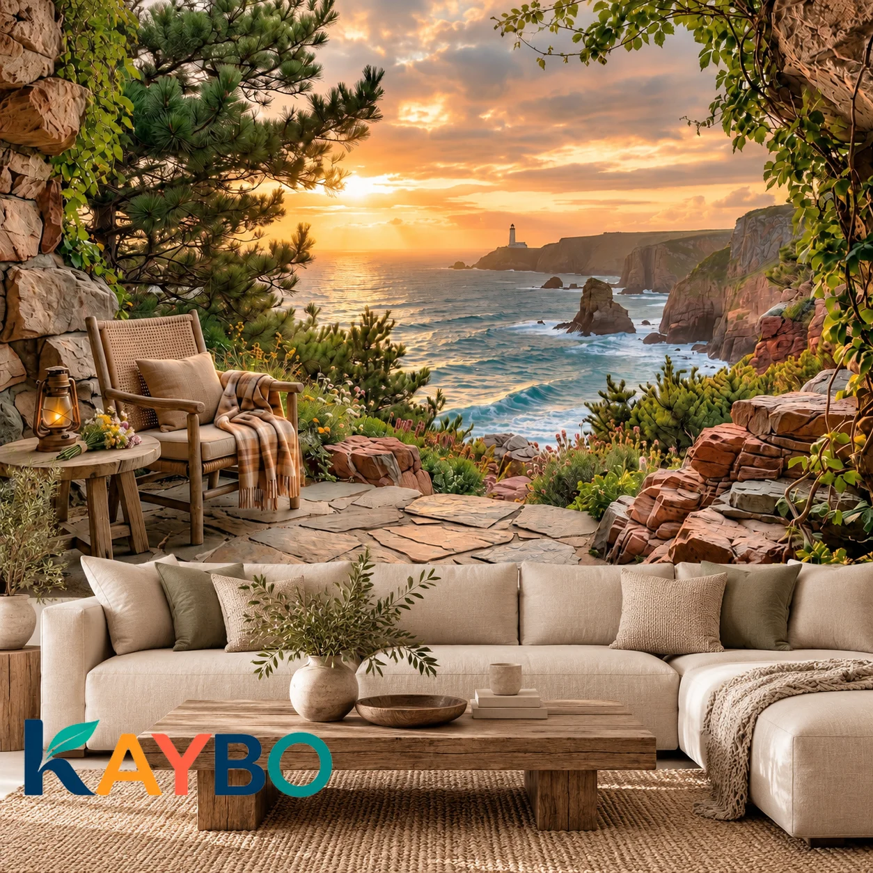 Coastal Landscape Wallpaper Mural Sunset Ocean View Lighthouse Seaside Cliffs Panoramic Wall Decor Living Room Non Self Adhesive