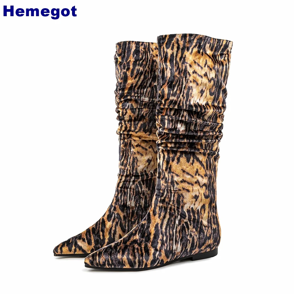 

Pointed Tiger Print Sexy Boots 2024 Autumn Winter Street Party Catwalk Stage Boots Mixed Color Fashion Ladies Casual Velvet Boot