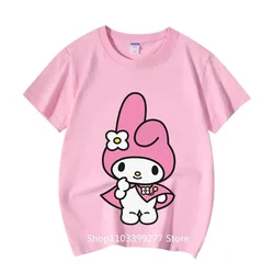 100% Cotton Summer Clothes Absorb Sweat Breathable T-Shirt Sanrio Cartoon Anime MyMelody Short Sleeve T-Shirt Girls T-Shirt