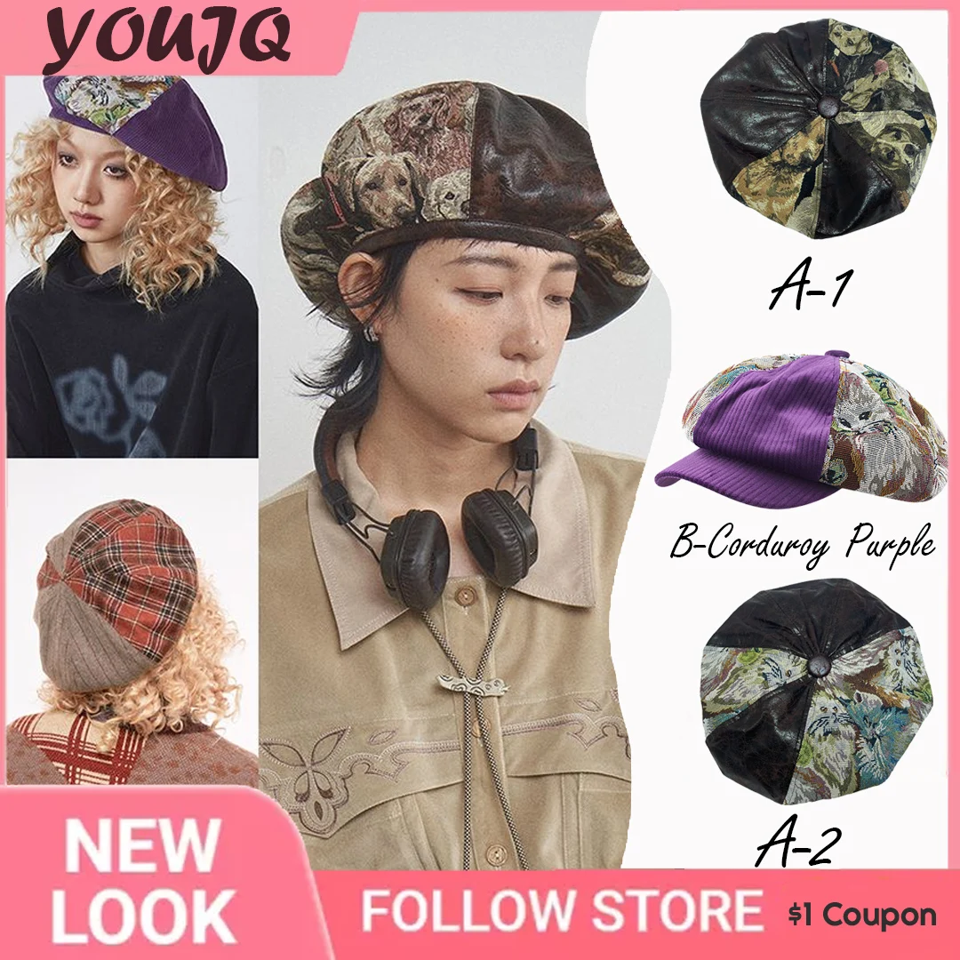 

Y2K Big Head PU Corduroy Cat Dog Pattern Cloud Cap Spring Autumn Splicing Octagonal Newsboy Painter Hats for Men Women Bonnet