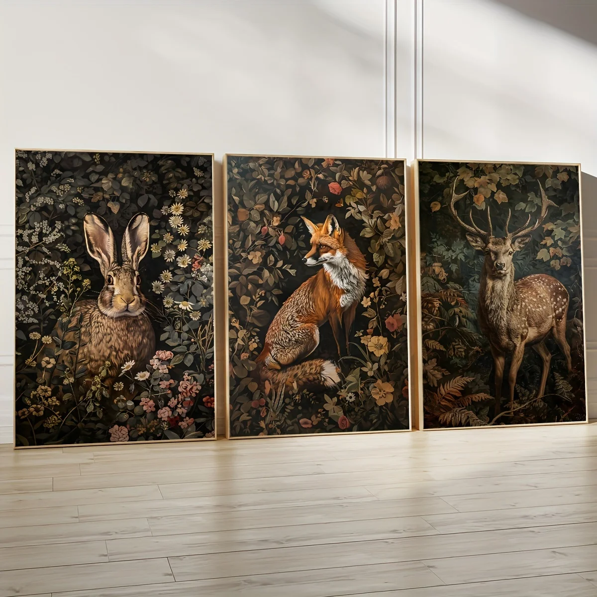 3 Stück Retro-Kaninchen, Hirsch, Fuchs, Tier-Leinwanddruck, mittelalterliche Pflanze, Wandkunst, Poster für modernes Wohnzimmer, Heimdekoration, Weihnachtsgeschenk