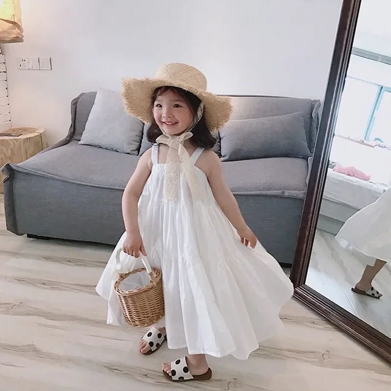 Girls Cotton Solid White Dress Ruffles Kids Strap Dress Summer Sleeveless Toddler Baby Long Dress Girl Clothes 1-6Y Kleid/robe